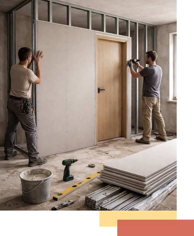 Перегородка из гипсокартона с дверью под ключ в Евпатории