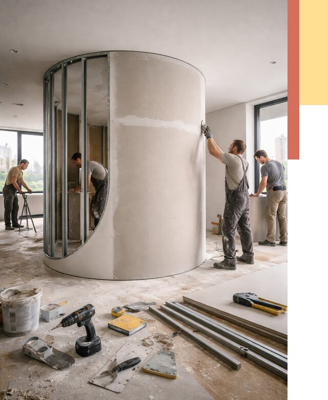 Радиусная перегородка из гипсокартона в Евпатории от 3055 руб. под ключ | ОТДЕЛОЧНИК-Евп