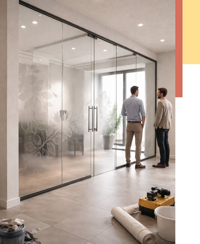 Стеклянные перегородки с рисунком в Евпатории от 13166 руб. монтаж и нанесение | ОТДЕЛОЧНИК-Евп