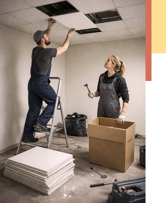 Демонтаж потолочной плитки в Евпатории от 4740 руб. быстро и недорого | ОТДЕЛОЧНИК-Евп