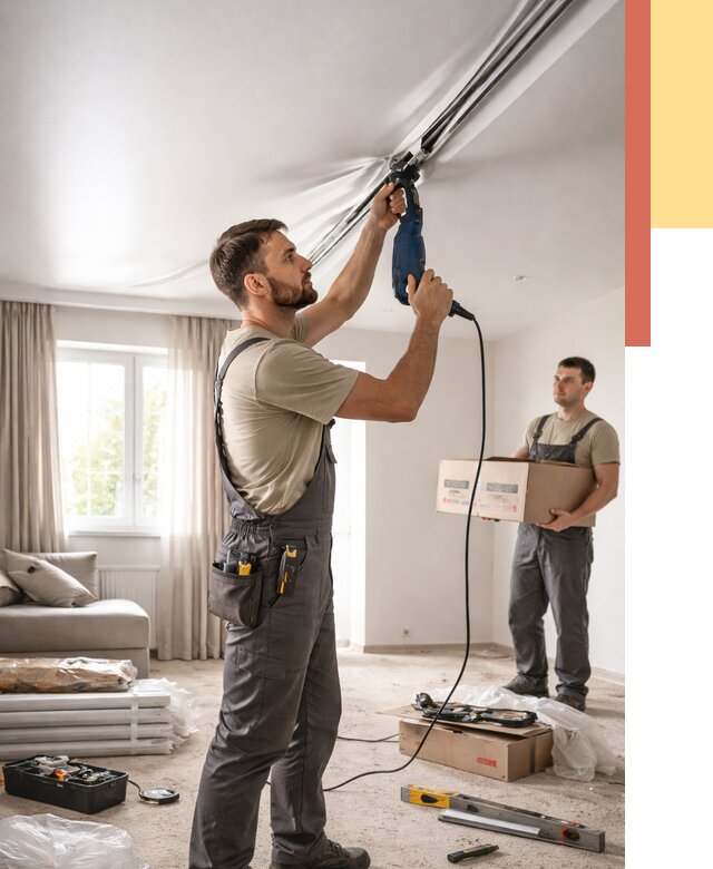 Монтаж сатинового натяжного потолка в Евпатории от 3687 руб. | Быстро, недорого — ОТДЕЛОЧНИК-Евп