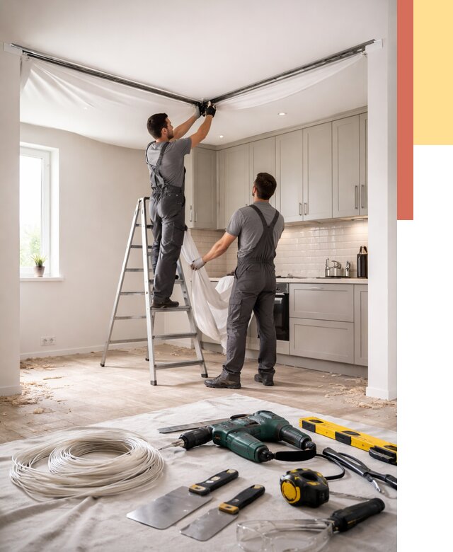 Установка натяжного потолка на кухне в Евпатории от 2528 руб. | ОТДЕЛОЧНИК-Евп