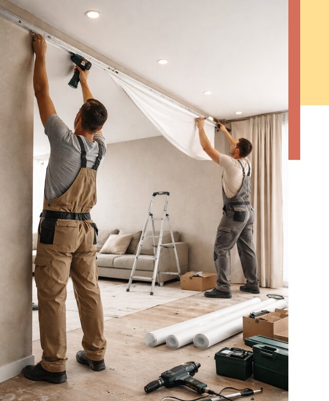 Монтаж натяжного потолка в гостиной в Евпатории от 579 руб. | ОТДЕЛОЧНИК-Евп