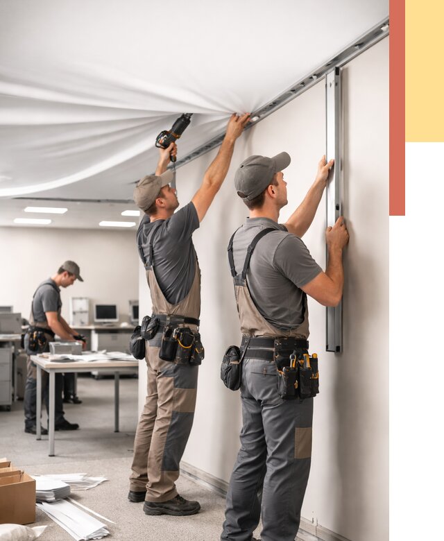 Монтаж натяжного потолка в офисе в Евпатории от 474 руб/м² — быстро и недорого | ОТДЕЛОЧНИК-Евп