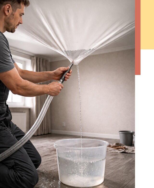 Слив воды с натяжного потолка в Евпатории от 2633 руб. быстро и недорого | ОТДЕЛОЧНИК-Евп