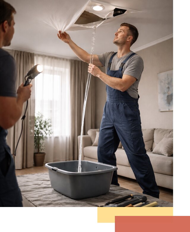 Слив воды с натяжного потолка в Евпатории быстро и аккуратно