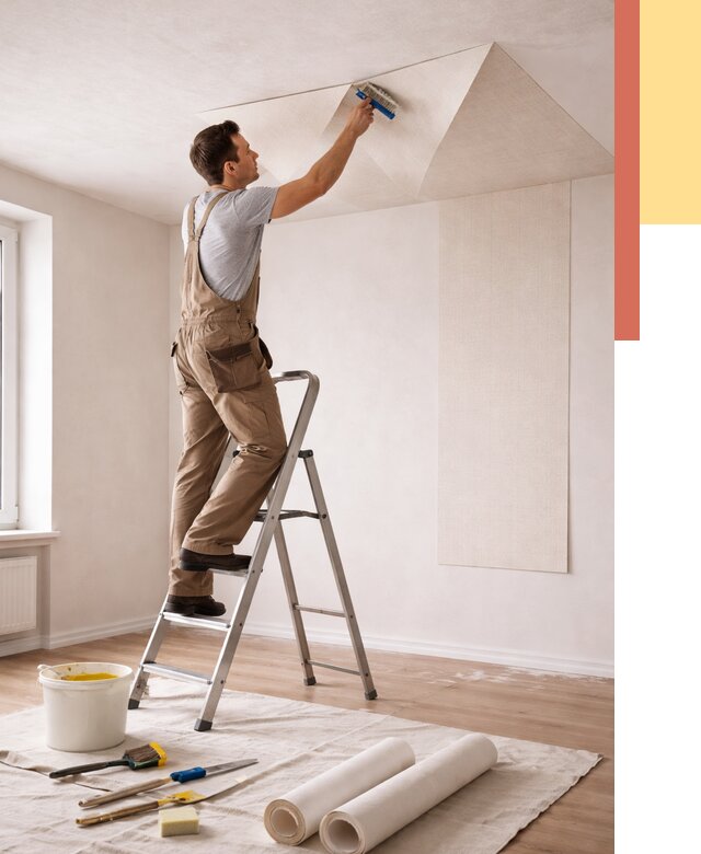 Поклейка обоев на потолок в Евпатории от 4740 руб. быстро и недорого | ОТДЕЛОЧНИК-Евп